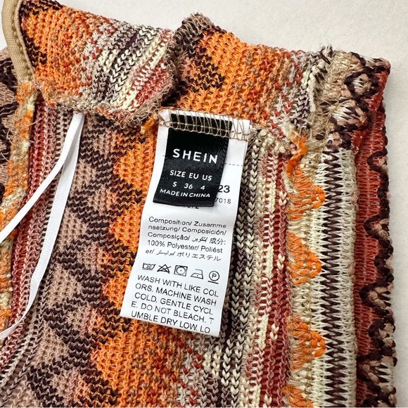 Chevron Embroidery Halter Crop Top Knit Backless Orange & Brown Small - Picture 5 of 6